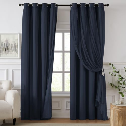 Image of 100% Blackout Curtains for Bedroom, Double Layer Navy Blue Curtains, Black Out Curtain 72 inch long With Sheer Overlay for Living Room, Room Darkening Window Drapes with Grommet, 52 inchW x 72 inchL