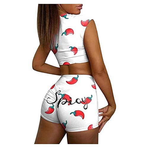 2 Piece Outfits for Women Summer Sexy Short Sets Round Neck Crop Top Shorts Skinny Homewear (White, S)