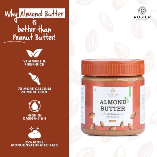 ROSIER Foods Almond Nut Butter | Crunchy | No Added Sugar | High Protein | Roasted Almonds Salted Jaggery, 300 gram