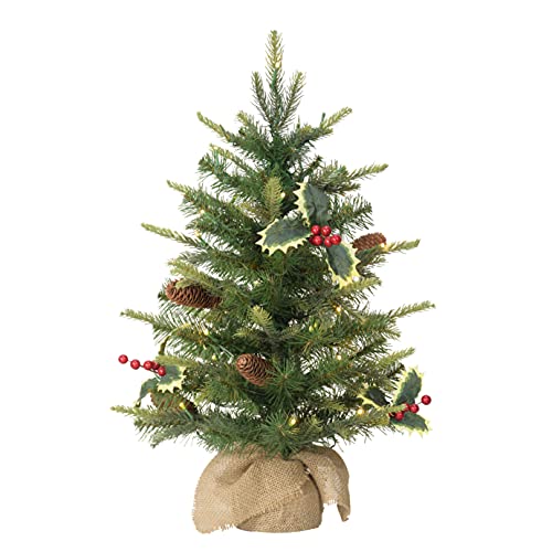 Puleo International Pre-Lit 2' Table Top Artificial Christmas Tree with Pine Cones in Tan Sac, Green