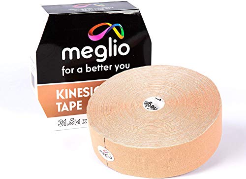 Meglio Tape de kinesiología (vendaje neuromuscular) sin cortar para lesiones o inflamación muscular. Vendas de algodón (31,5m x 5cm sin látex), resistente al agua. Rollo Azul (31,5m) (beige)