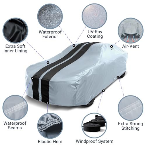 Image of iCarCover Premium Car Cover for 1962 Dodge Dart Heavy Duty Waterproof All Weather Automobiles Custom Fit Full Exterior Indoor Outdoor UV Snow Rain Protection Covers (Stripe - Gray /Black)