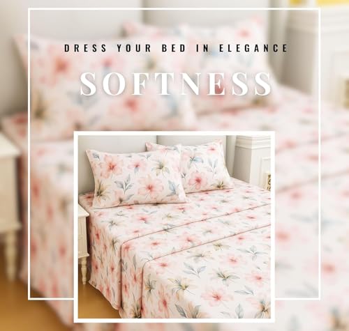 Image of HOMEKART 2 Bedsheet Combo Set with 4 Pillow Covers - Premium Cotton Glace Cotton Printed Double Bedsheets, 2 Elegant Colors, Soft Breathable Luxury Bedding Set - Pink Blossom Mist