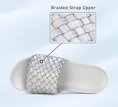 Lucky Step Women's Platform Sandals Wedge Woven Belt Flatform Slide Open Toe Casual Summer Beach Outdoor Slipper(Hologram Silver,7 B(M) Us) #TOP2