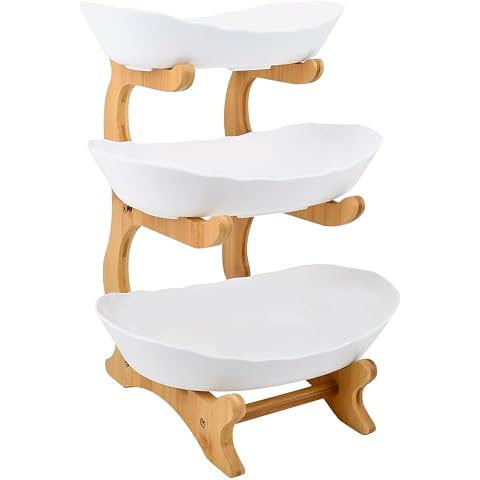HUOLE Fruit Basket 3 Tier Ceramic Fruit Basket with Sturdy Wooden Stand for Kitchen Worktop for Fruit Vegetables Bread Snacks 14 x 22.5 x 32 cm White