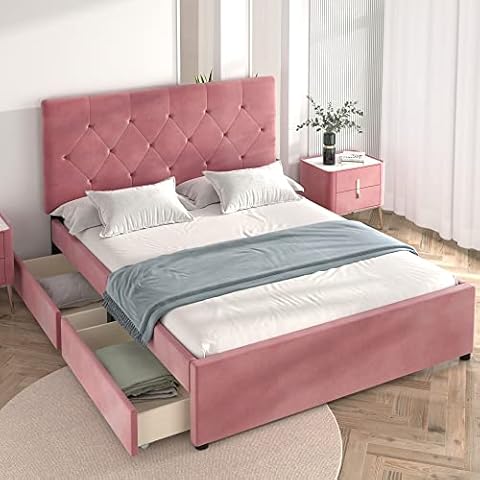 Double Bed Frames, 4ft6 Ottoman Bed Double Frame, Upholstered Bed Frame, With 2 Storage Drawers For Any Room, Children Teens Adults, Pink Velvet Cover