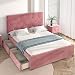 Cadre de lit capitonné en velours gris/rose, tête de lit assortie et 2 tiroirs de rangement (135 cm x 190 cm) (rose)