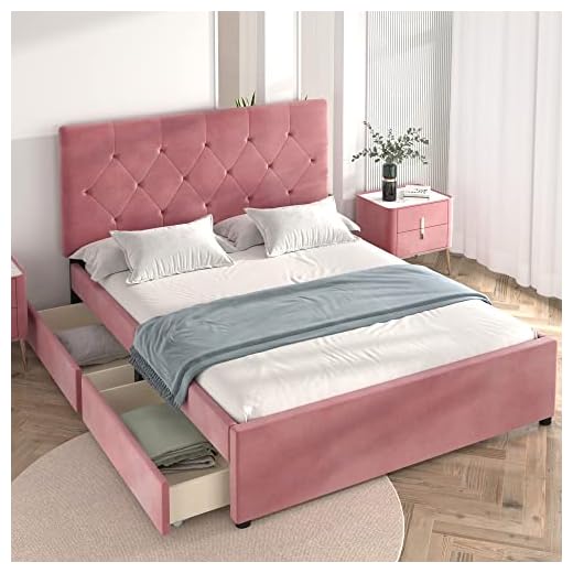 HOMYLIN Sammet stoppad dubbelsäng ram med förvaring, lyxig golvsängram med sänggavel, modern stil sovrumsmöbler passar för 190 x 135 madrass, rosa