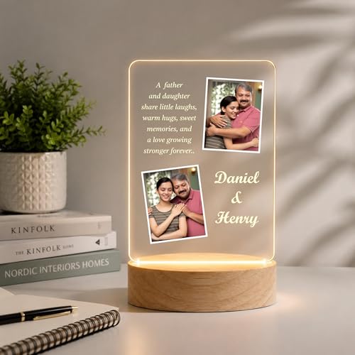 Image of Giftplease Fathers Day Personalized Rectangle Acrylic LED Frame - Custom 2 Photo Wooden Stand Tabletop Showcase For Grandpa Birthday, Dad, Stepdad, Husband Anniversary Meaningful Keepsake
