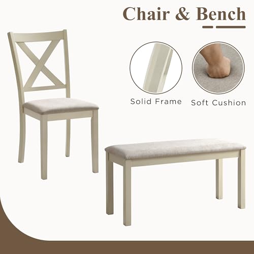 LUXOAK 60" Farmhouse Dining Table Set for 6, Solid Wood Kitchen Table with 4 Upholstered Chairs & Bench, 6-Piece Dining Room & Living Room Furniture, Cream White - Image 5