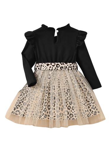 MakeMeChic Girl's Leopard Graphic Print Belted Dress Long Sleeve Round Neck Ruffle Mesh Short Dresses2