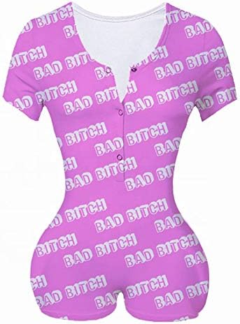 HengShunRui Women's Sexy Deep V Neck One Piece Bodysuit Short Sleeve Letter Print Bodycon Jumpsuit Rompers Pajama L
