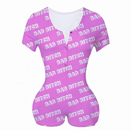 Hengshunrui Women's Sexy Deep V Neck One Piece Bodysuit Short Sleeve Letter Print Bodycon Jumpsuit Rompers Pajama L #TOP30