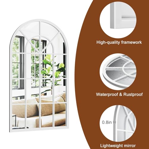 Image of Dewfig Arched Wall Mirror, 42 inchx30 inch Metal Frame Windowpane Mirror, White