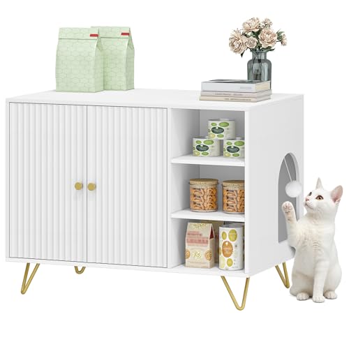 HEXCELEN Katzenklo Schrank, Katzentoilette Schrank, Katzenschrank für Katzentoilette mit Tür und Offene Fächer, Hohe Beine, Für Katzen, Doppeltür, Beistelltisch, 80 × 50 × 60,4 cm, Weiß und Gold HEXCELEN Katzenklo Schrank, Katzentoilette Schrank, Katzenschrank für Katzentoilette mit Tür und Offene Fächer, Hohe Beine, Für Katzen, Doppeltür, Beistelltisch, 80 × 50 × 60,4 cm, Weiß und Gold