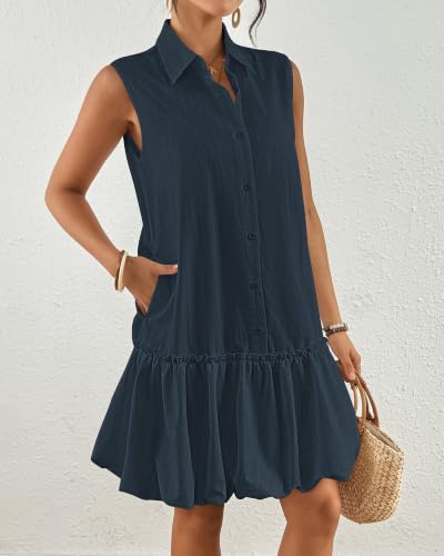 Image of Bsubseach Womens Casual Summer Dresses Sleeveless Linen Bubble Mini Short Dress Button Down Shirt Sundress with Pockets