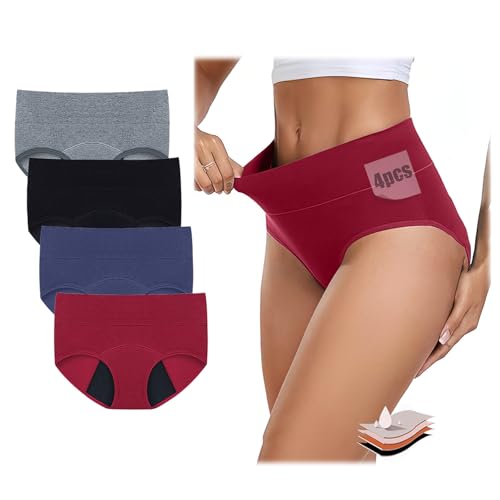 Gonggi 4PCS Period Underwear Women, Leakproof Periodic Pants Postpartum, Menstrual High Waisted Cotton Briefs for Heavy Flow Plus Size Odor Control Moisture Wicking for Teenage Girls and Women (XL)