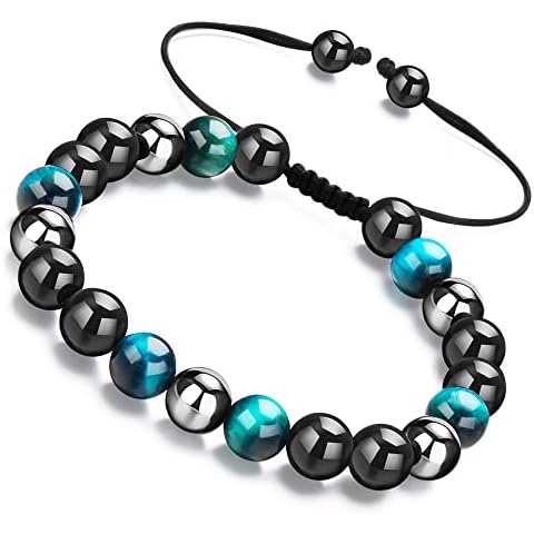 Triple Protection Bracelets for Men Women - 8mm Blue Tiger Eye Bracelet Men - Healing Black Obsidian Hematite Mens Bracelet Beads - Good Luck Handmade Bracelet Jewelry Gift Cover