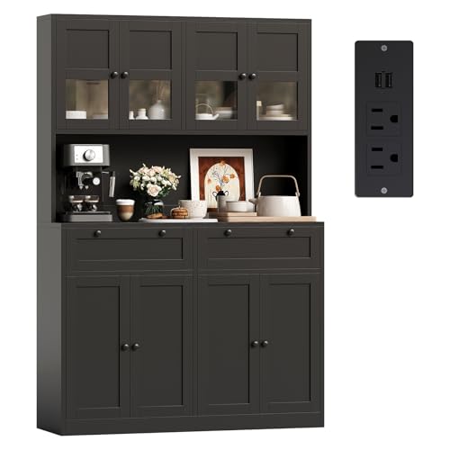 Garvee Tall Kitchen Pantry Cabinet with Charging Station, Storage Hutch with Microwave Stand and Drawers for Kitchen Dining Room Living Room, Black