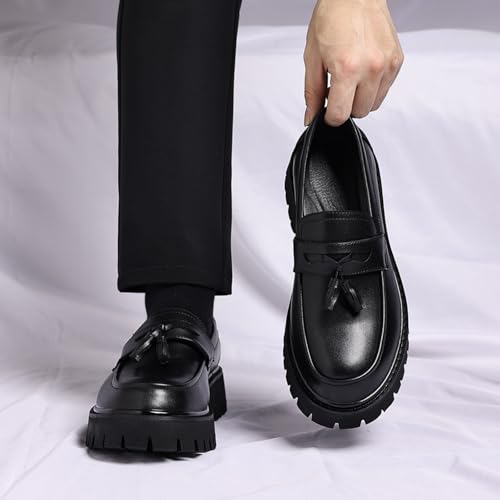 Image of Mens Leather Slip-On Platform Dress Tassels Loafers Non-Slip Low Top Round Toe Chunky Penny Shoes for Business Casual Dress Prom Party