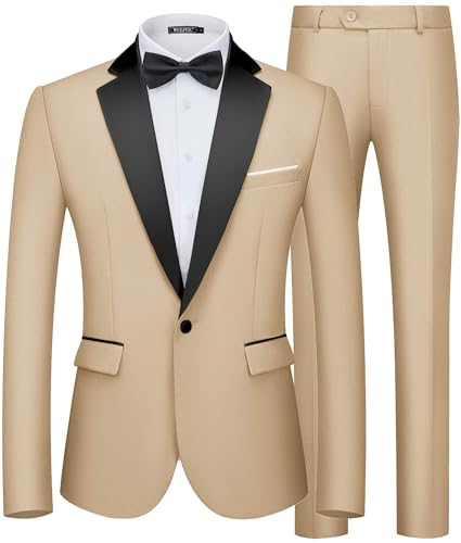 WULFUL Men's 2 Piece Slim Fit Suit Set One Button Blazer Jacket Pants Tuxedo Set for Prom, Wedding and Business Light Brown