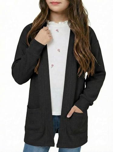 Image of Girls Open Front Cardigan Long Sleeve Casual Fall Winter Loose Knit Sweaters Coat with Pockets