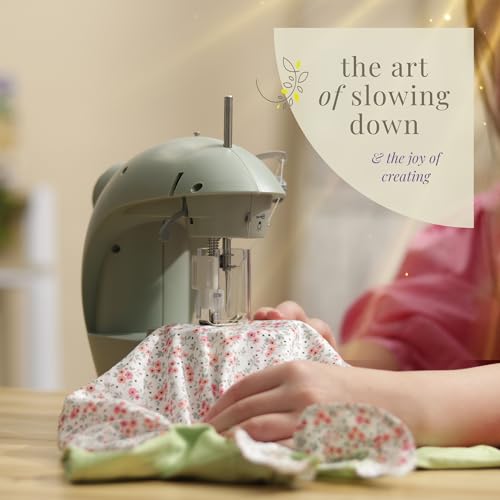 Image of Hearth & Harbor Mini Sewing Machine for Beginners, Dual Speed Small Portable Sewing Machine for Kids and Adults with Extension Table, 122 Piece Gift Set Includes, Fabrics, Project Book and More, Green