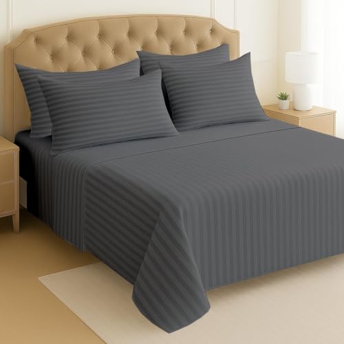 Image of Single Size Bedsheets for Single Bed 600 TC - Cotton Elastic Fitted Sheet (36 x 75 Inches) with 8 Inch Drop- Color Dark Grey Stripe [ Fitted Sheet with 2 Pillow Cover]