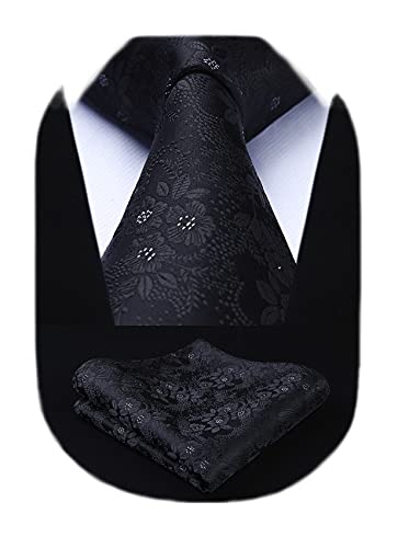 Image of HISDERN Extra Long Ties for Men Classic Floral Tie and Pocket Square Elegant Silk Necktie Handkerchief Set Wedding Party
