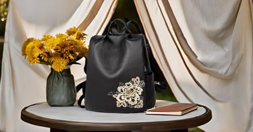 Image of BOYATU Women's Full-Grain Leather Backpack Purse, Elegant Floral Designer Purse, Work Commuter & City Travel, Compact Everyday Essentials, Fashion RFID Pocket Bag (Black)