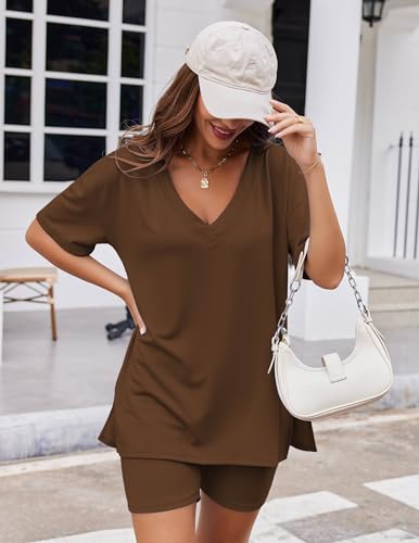 Image of Ekouaer Womens Pajamas 2 Piece Lounge Sets Oversized V Neck T-Shirts Tops Biker Shorts Set Workout Reversible Tracksuit S-XXL
