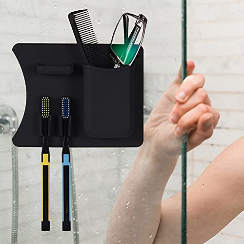 Frafuo Shower Toothbrush Holders For Bathrooms-Couples Black Toothbrush Holder For Shower-Waterproof Holes In Bottom+Small Shelf For Jewelry&Ring-Reusable Silicone Toothbrush Holder Wall Mounted #TOP4