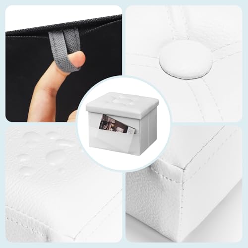 Image of Bsketa Storage Ottoman Bench,16 Inch Folding Leather Foot Rest Stool, White | Small Ottoman with Side Pockets, Thicker Foam Padded Seat, Livingroom, Dorm, Bedroom, Easy to install, 38L, 16x12x12in
