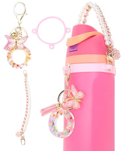 TOVICE Letter Accessories for Owala Water Bottle 24-40oz, 3PC Cute Initial Keychain & Water Bottle Handle Strap with a Thick Elastic Silicone Ring Holder