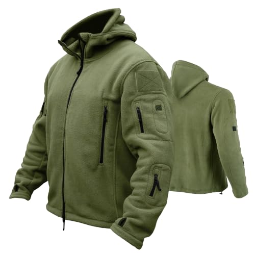 Image of Windproof Men's Fleece Jacket Full Zip Work Tactical Military Recon Hoodies Army Sports Jumper Hoody Sweater Security Police Combat Tops for Fishing Hiking Winter Work Wear (Green, L)