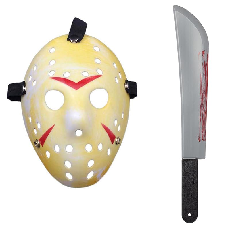Ultra Scary Halloween Hockey Mask - Horror Costume & Adults and Kids - Halloween Parties and Events - Perfect Scary Costume Accessory - Serial Killer – Battle Worn Mask and Machete