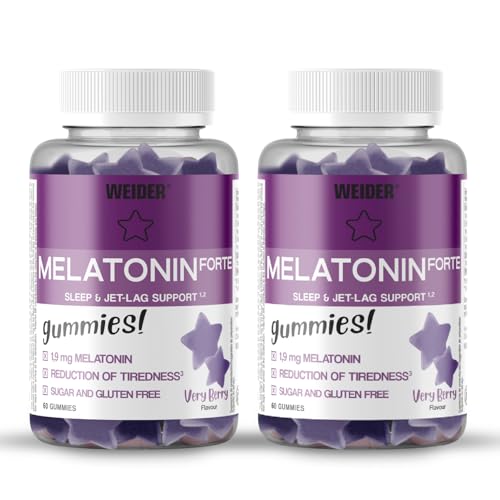 Weider Pack Duo Melatonin Forte Gummies (2x60 gominolas) Sabor Frutas del Bosque, 1,9 mg melatonina/gominola, contra insomnio, jet-lag, trastornos del sueño, con Vitamina B6, Sin Azúcar, Sin Gluten