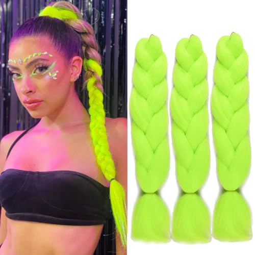 Lime Green Braiding Hair 3 Packs 24 Inch Colored Braiding Hair Extensions for Braids Yaki Texture Crochet Hair High Temperature Synthetic Jumbo Braiding Hair for Twist Braids