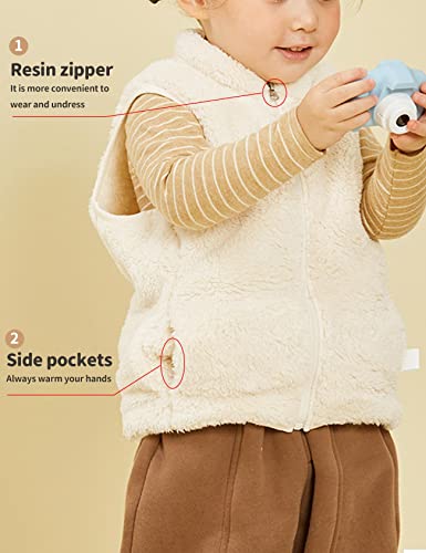 Wyeysyt Girls Boys Fluffy Vest Sleeveless Winter Warm Fuzzy Vest Kids Soft Fleece Outwear Zipper Gilet With Pockets For Toddler(Beige-3T) #TOP2