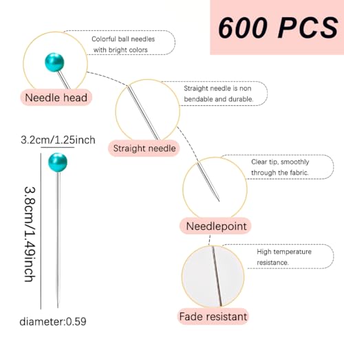 Miniatura 2 de 600 Alfileres De Costura Rectos, Alfileres De Cabeza De Bola Perlada De 1.5 Pulgadas, Alfileres De Ramillete Multicolor Para Decoración De Costura, Manualidades Y Proyectos De Costura