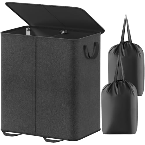 Lifewit Double Laundry Hamper with Lid, Removable Laundry Bags, Black