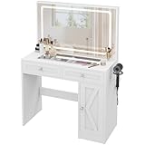 YITAHOME Dressing Table with LED Mirror, Makeup Desk with Adjustable 3-Colour Lighting, Safety Glass Top & Built-in Plug Socket, White Vanity Table for Bedroom - Image 7