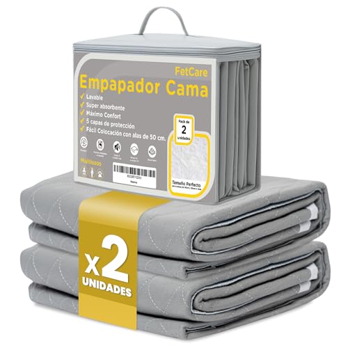 FetCare Empapadores Cama Adultos Gris Antimanchas – Pack 2 unidades – Lavables y Reutilizables – 135x86cm – Impermeables con 5 Capas de Absorción y Alas Ajustables – OEKO-TEX