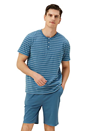 Men's Pajama Set Mens Cotton Striped Pjs Set for Men Classic Short Sleeve Sleepwear for Loose Casual Pyjamas