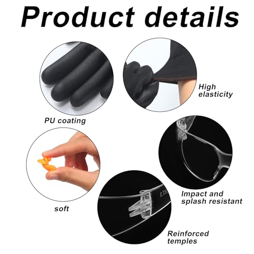Cutecrop 72Pcs Protective Work Kit Include 24 Safety Glasses 24 Reusable Corded Earplugs 24 Gloves for Work Men Women for Shooting Construction Motorcycle Hearing Eye Protection Bundle