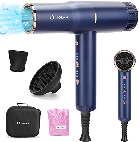 Diffuser Hair Dryer, IG INGLAM Professional Blow Dryer 110,000 RPM High Speed Brushless Motor Negative Ion Low Noise Constant Temperature Auto-Clean, Lightweight for Travel Home Salon Ionic Hair Dryer