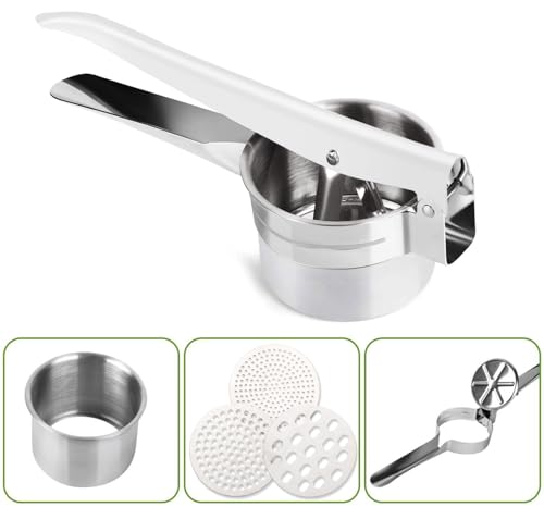 Potato Ricer Stainless Steel Potato Masher, Food Ricer, Fruit and Vegetables Press with 3 Removable and Interchangeable Discs, Manual Masher Ricer Kitchen Tool for Mashed Potatoes - Thumbnail 2