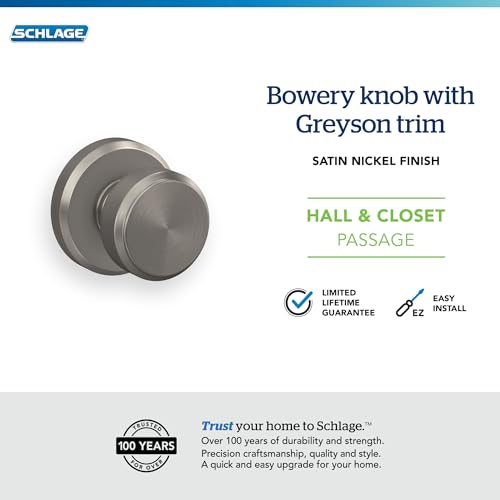 Image of Schlage F10 BWE 619 GSN Bowery Door Knob with Greyson Trim, Hall & Closet Passage Lock, Satin Nickel