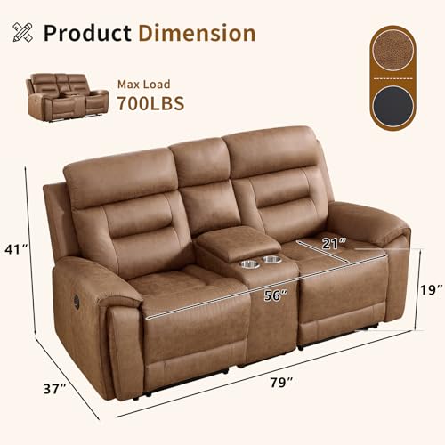 Image of ANJ Power Reclining Loveseat Sofa with USB&Type-C Charging Port, Breathable Faux Leather 2-Seater Electric Recliner Couch with Cup Holders & Storage Console for Living Room, Brown