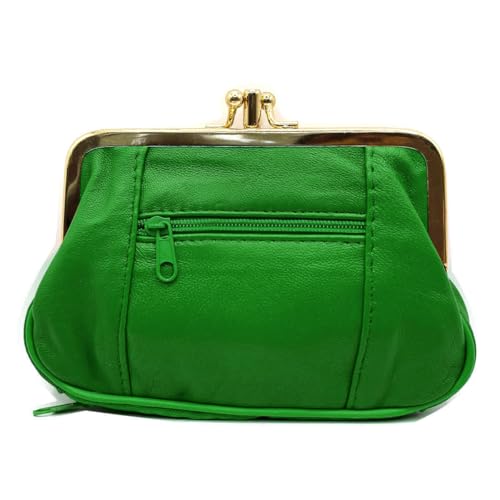 Charmoni - Portefeuille Femme - Porte Monnaie Fermeture clic clac Fermoir - Poche zippée - en Cuir d'agneau - 15 x 10 x 1 cm (Vert)